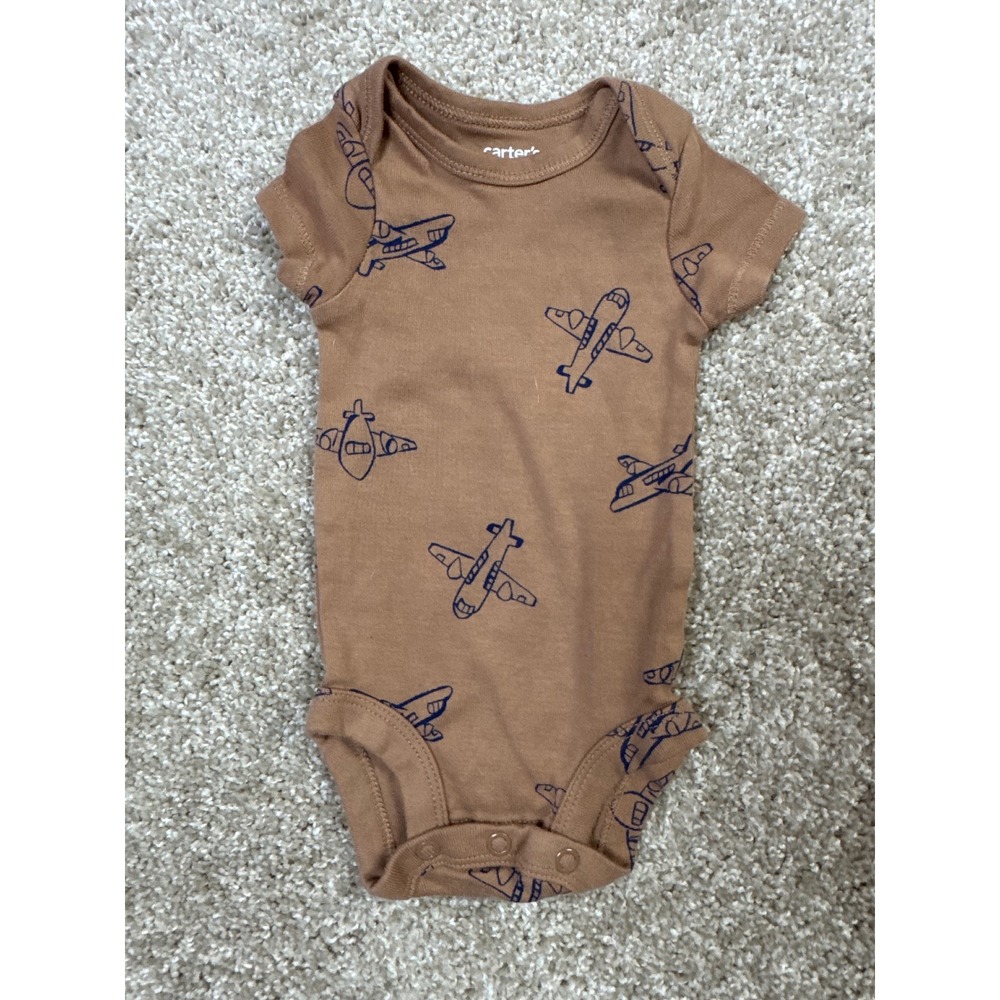 Carters Baby Boy Newborn Brown Airplane Print Short Sleeve Bodysuit 0M